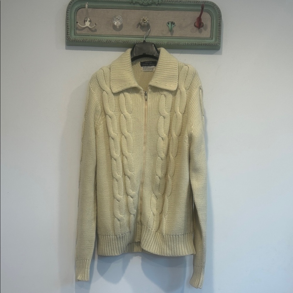 Vintage Macy’s Cream Cable Knit Full Zip Cardigan Sweater men’s medium